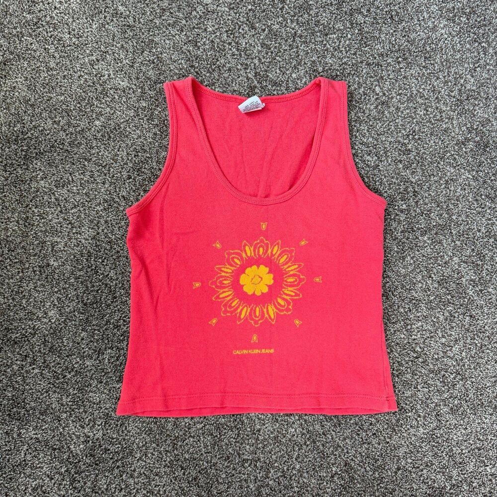 Vintage 90s Calvin Klein Jeans Pink Ribbed Graphic Tank Top Made In USA